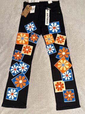 Watson Denim Black Chenille Flower Patch Bootcut Jeans NWT Size 32